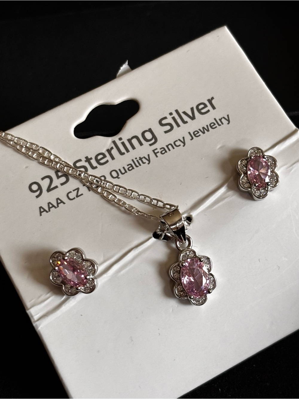 Sterling Silver Pink Sapphire AAA CZ Flower Pendant & Stud Earring Set